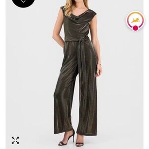 Macy's Connected Metallic Gold Cap-Sleeve Cowl Neck Jumpsuit with Tie Belt